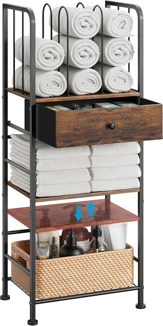 Towel Rack Free Standing 3-Tier with Drawer and M-Shaped Detachable Dividers,Towel Holder with Adjustable Shelf, Towel Organizer Space Saving for Bathroom and Poolside Patent Pending