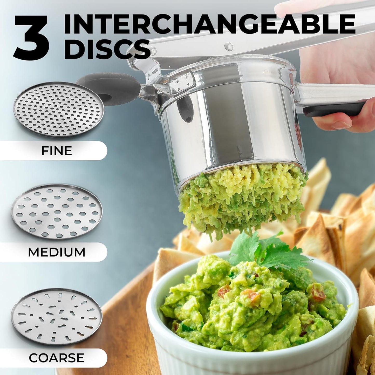 Zulay Kitchen Premium Large 15oz Potato Ricer With 3 Interchangeable Discs, Heavy Duty Professional Stainless Steel Potato Masher and Ricer Kitchen Tool, Press and Mash Kitchen Gadget