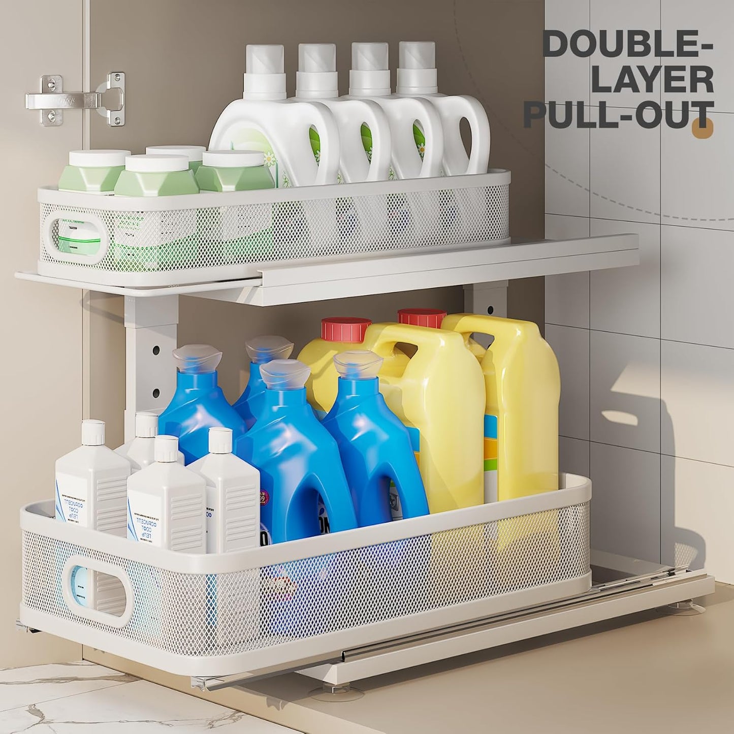 2 Pack 18.5IN-Depth Under Sink Organizer With Next-Gen Ball-Bearing Slides,2-Tier Precision Mesh Pull Out Cabinet Storage for Bathroom&Kitchen,Height Adjustable Drawers Shelf,Anti-rust-White