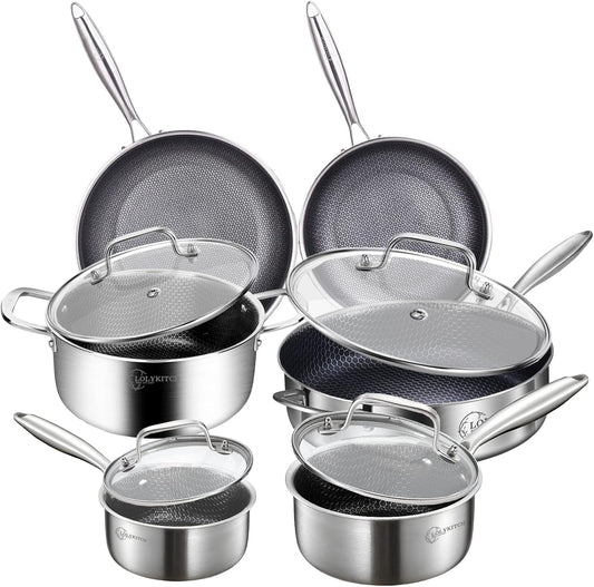 LOLYKITCH 10 Piece Kitchen Cookware Set,Hybrid Tri-ply Stainless Steel Pots and Pans Set,Induction Cookware,Heavy Duty,Dishwasher and Oven Safe.