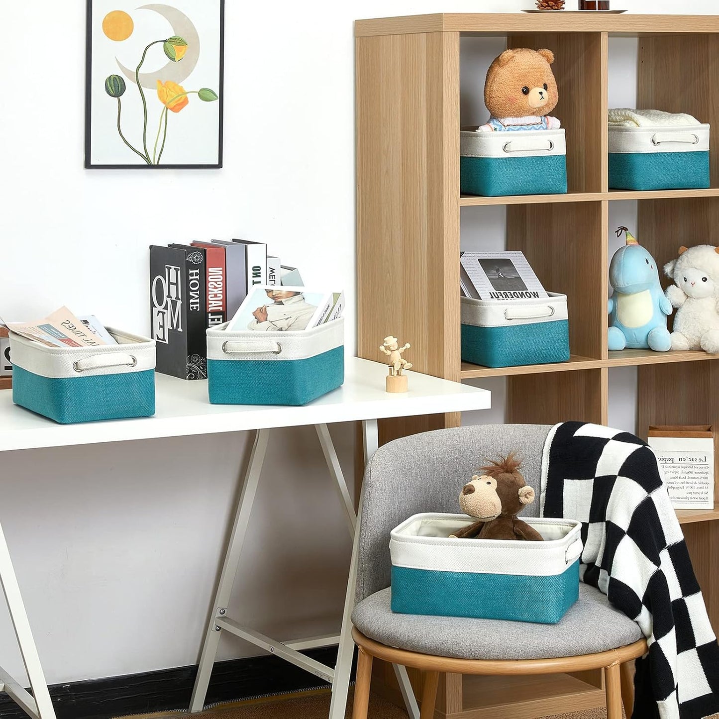 HNZIGE Small Closet Storage Baskets for Storage,Rectangular Storage Baskets Bins for Nursery,Gifts Empty Baskets for Organizing Shelves,Baby,Toy,Home(White&Teal,11.8" x 7.8" x 5.1")