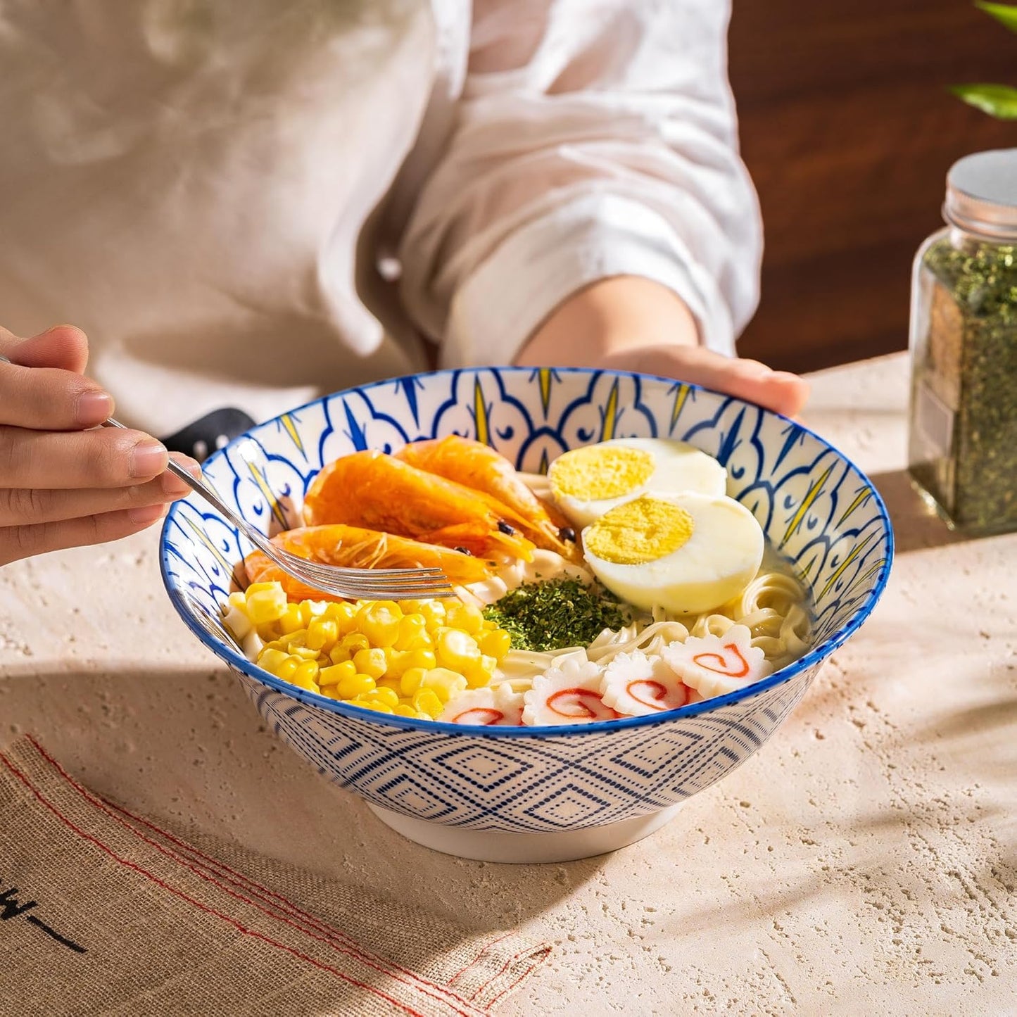 Ceramic Serving Bowls 8 Inch Set of 2, Large Bowls for Pasta Soup Fruit Ramen Cereal, Dinner, Salad, Oatmeal, Microwave & Dishware Safe, Colorful Bohemian Style