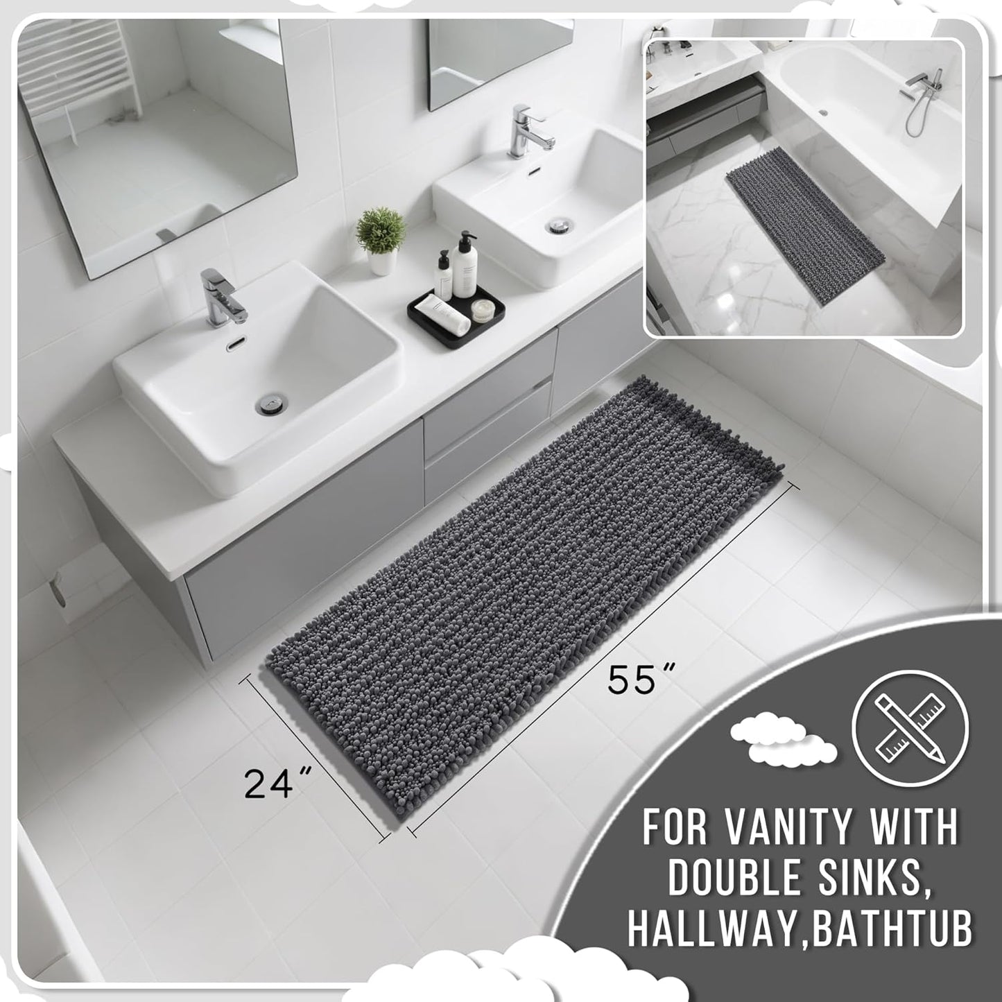 Yimobra Bathroom Runner Rug 55x24 Inch - Extra Long Non Slip Chenille Bath Mat, Soft & Absorbent, Machine Washable Shaggy Hallway Carpet for Vanity Tub Shower, Dark Gray Home Decor Accessories