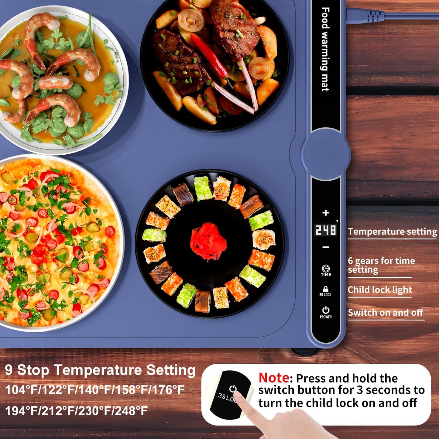 Food Warming Mat, Warming Tray, with 9 Level Adjustable Temperature and 6 Hours Timer Warming Mat for Food for Parties Buffet Gatherings,Parties,Everyday Use (Blue, 6 Dishes)