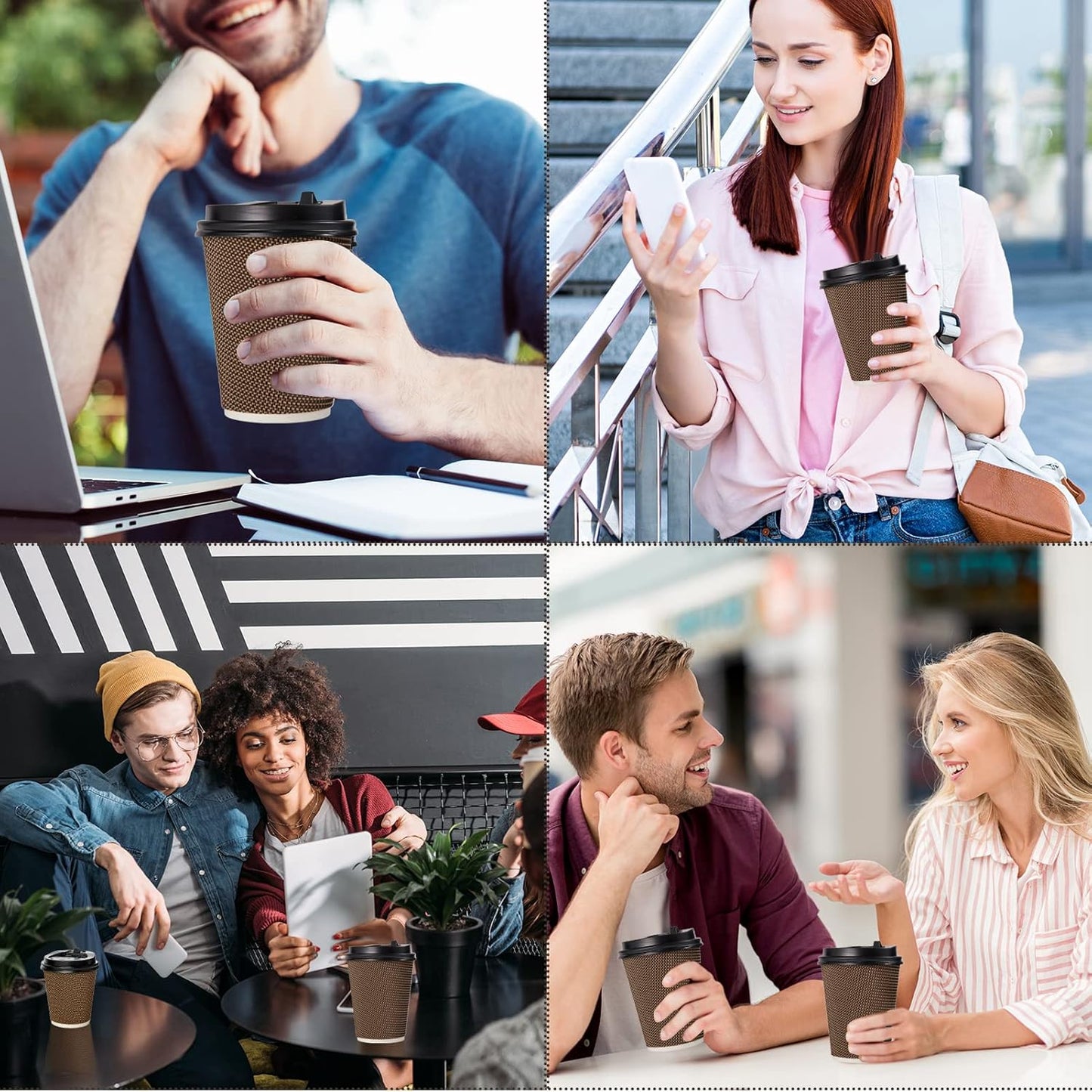 LITOPAK 80 Pack 12 oz Paper Coffee Cups, Insulated Ripple Wall Hot Coffee Cups with Lid and Straws, Brown Three Layer Insulated Hot Beverage Cups for Parties, Picnic, and Travel