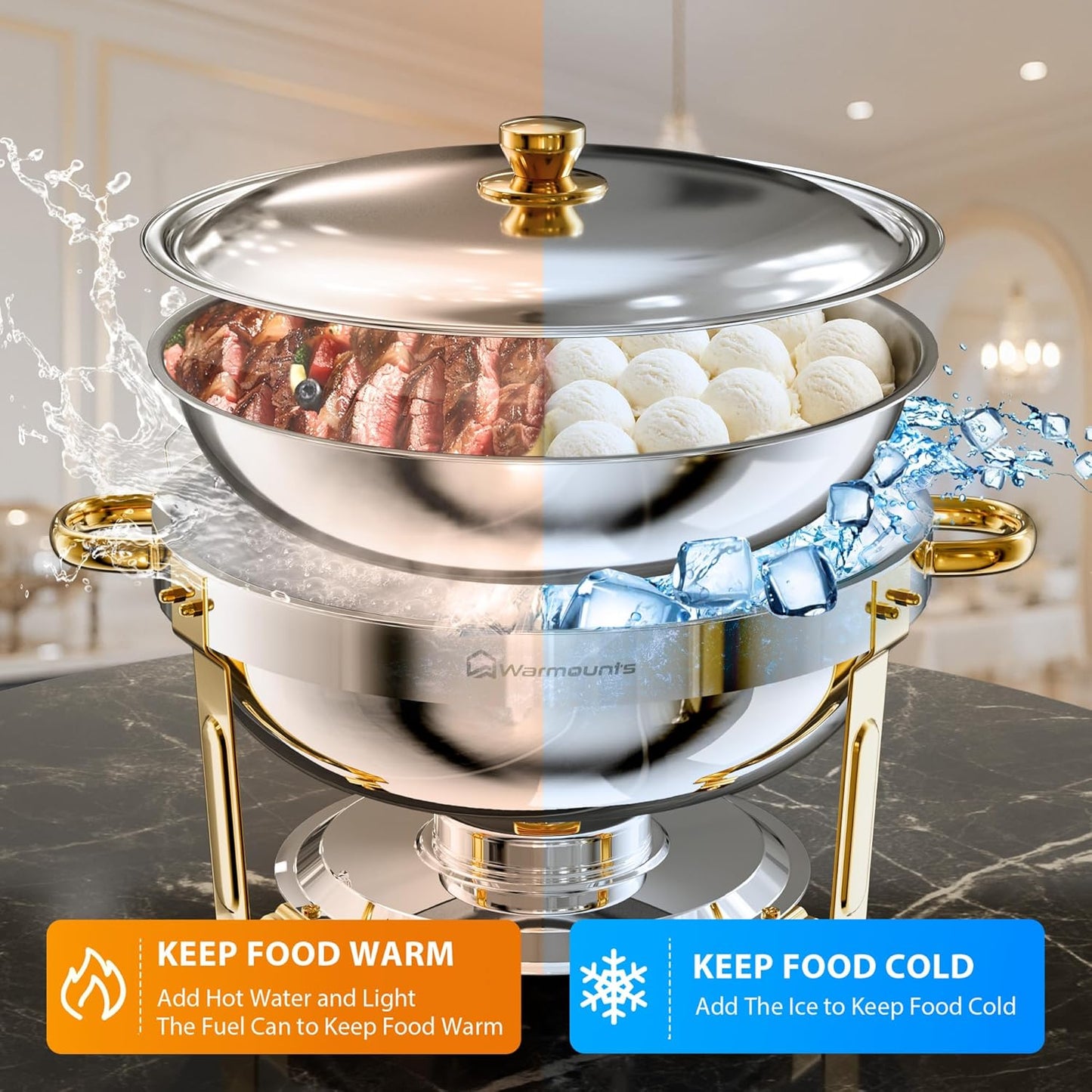 Gold Chafing Dishes for Buffet (5QT, 4 Pack), Round Chafers and Buffet Warmers Sets, Food Grade Stainless Steel Chafing Dish Set, Rolled Edge Design, for Catering Events, Parties, Weddings