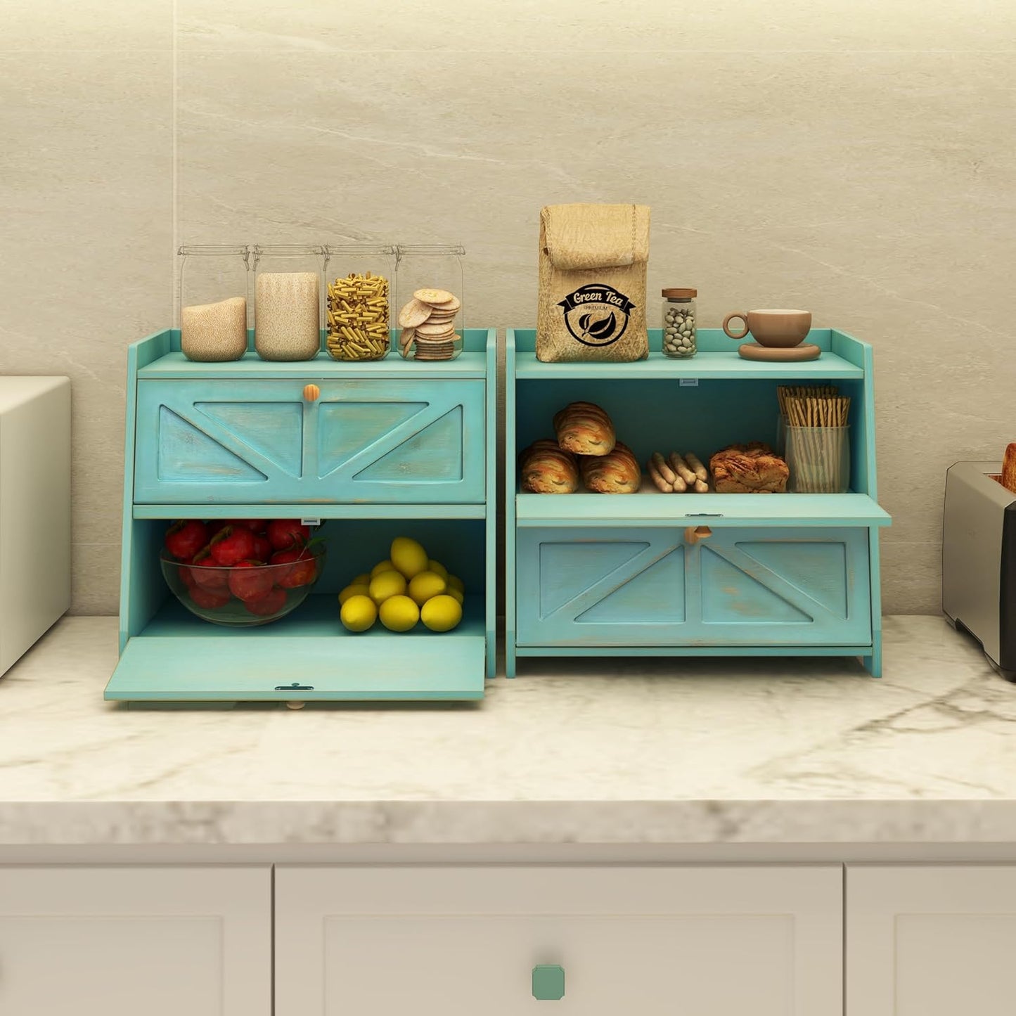 Vintage Double Layer Bread Box for Kitchen Counter Bamboo Bread Storage Container Large Capacity Bread Storage Bin (Antique Blue)