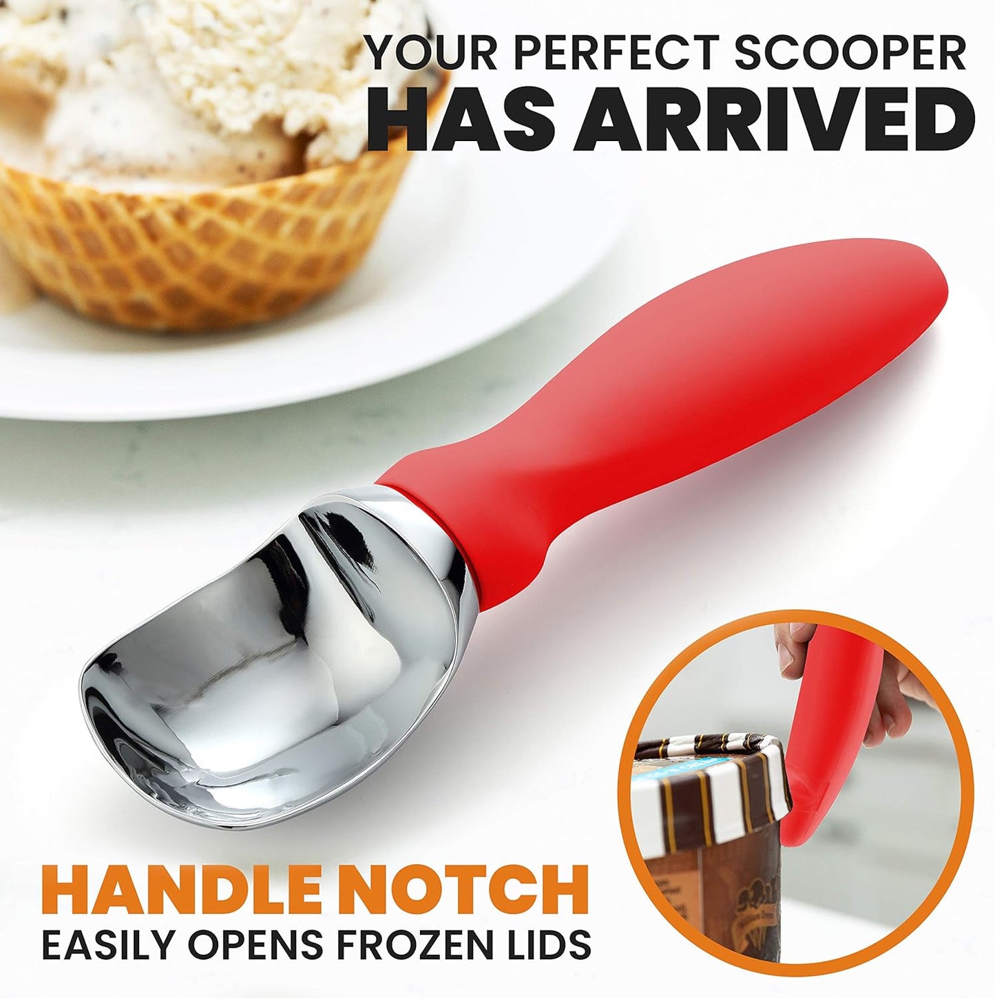 Spring Chef Red Heavy Duty Ice Cream Scoop - Stainless Steel Ice Cream Scooper with Non-Slip Handle - Premium Metal Kitchen Tool for Gelato, Sorbet, Melon - Dishwasher Safe Icecream Spoon