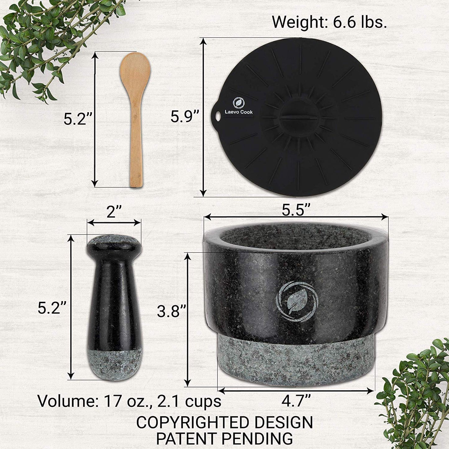 Laevo Mortar and Pestle Large Set - Black Granite Stone Spice Grinder, 2.1 Cup Capacity, 5.5 Inches - Reversible Molcajete Mexicano - Guacamole, Spices - Large Mortar and Pestles Set