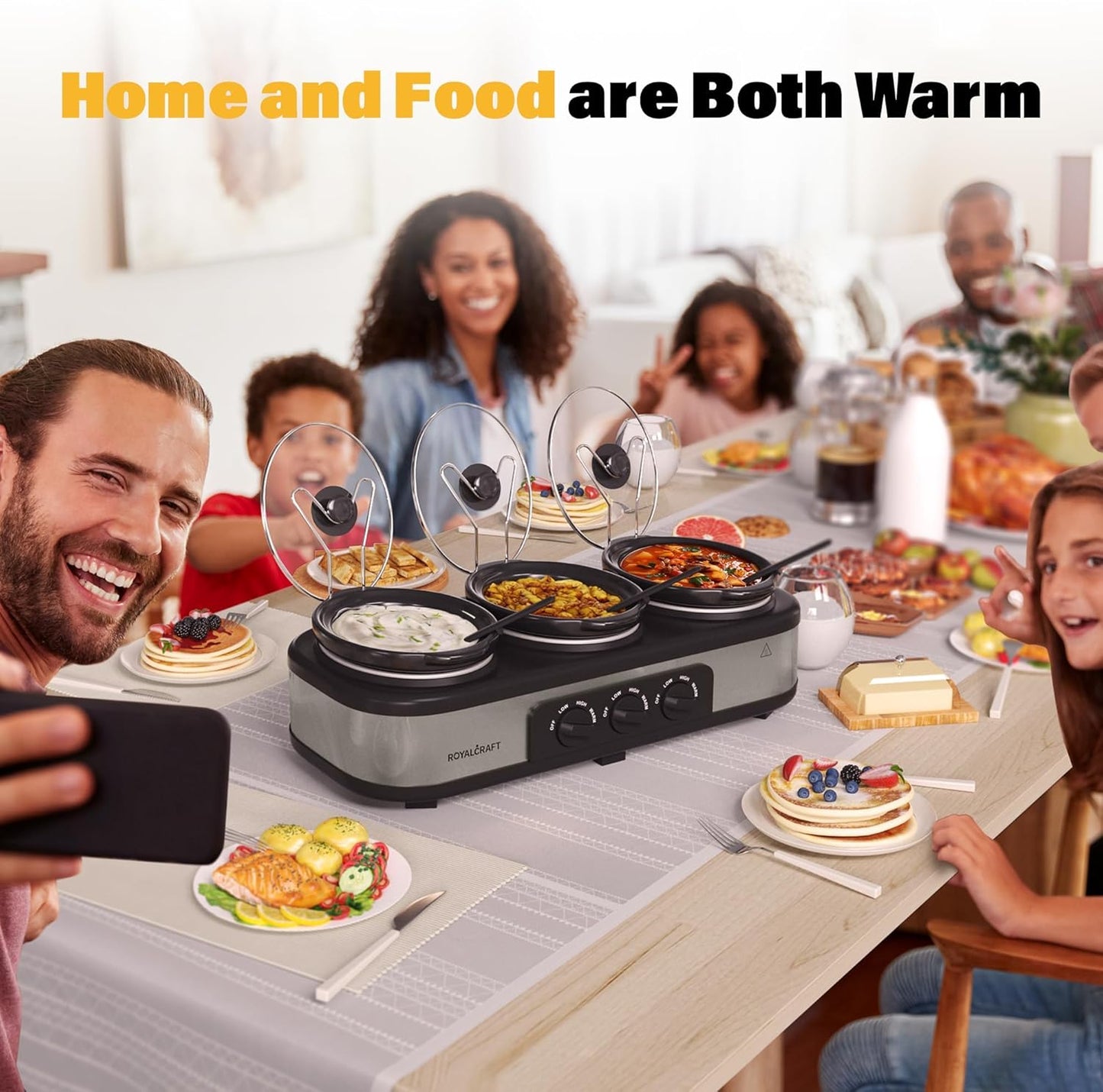 Sunvivi Slow Cooker with 10 Cooking Liners, Triple Slow Cooker Buffet Server 3 Pot Food Warmer for Parties with 3 Spoons ? Lid Rests,Adjustable Temp, 3 * 1.5 Quarts Silver