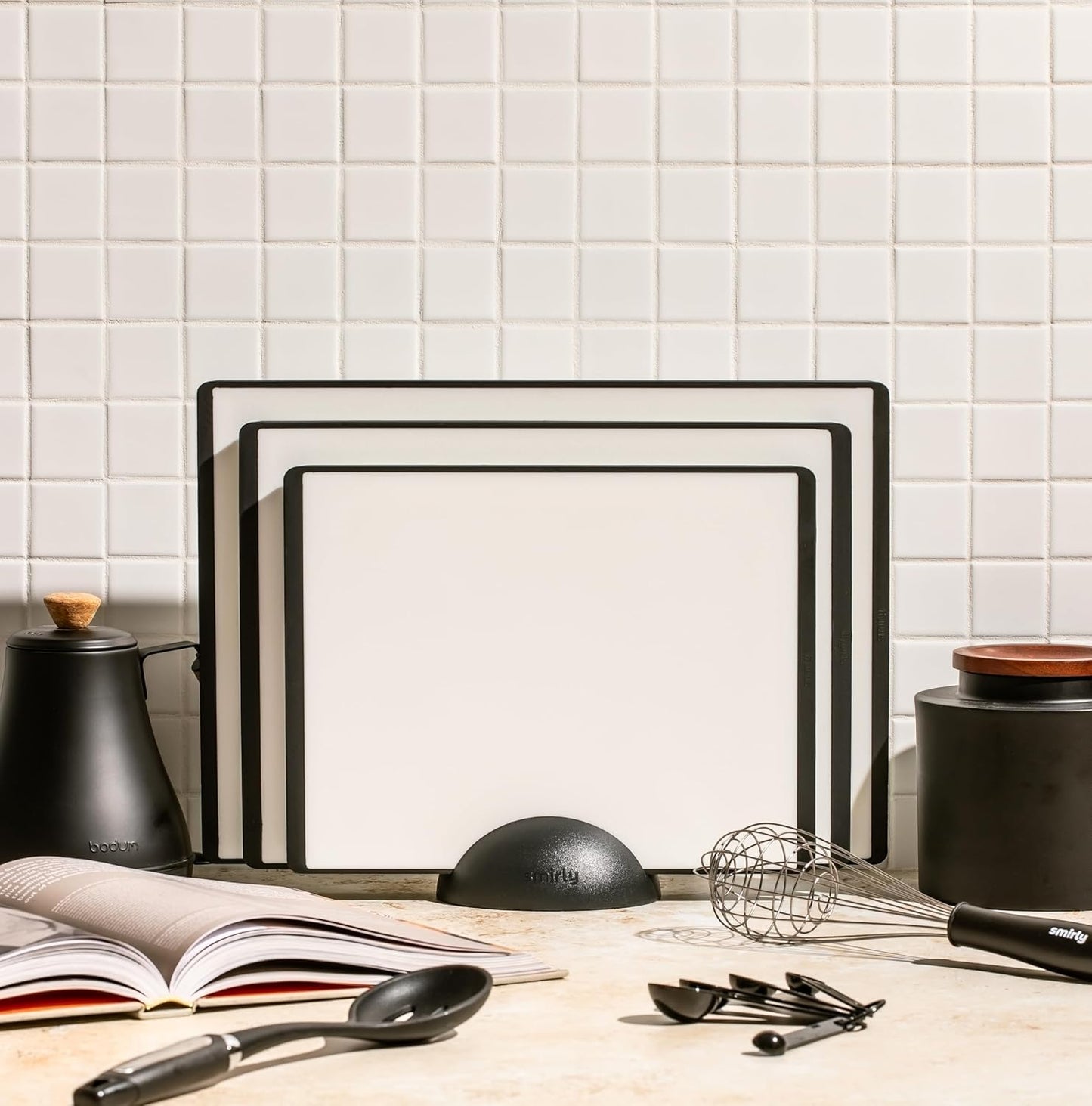 SMIRLY Plastic Cutting Board Set 3 Pieces, Non-Slip Dishwasher Safe Chopping Boards for Kitchen, Black & White