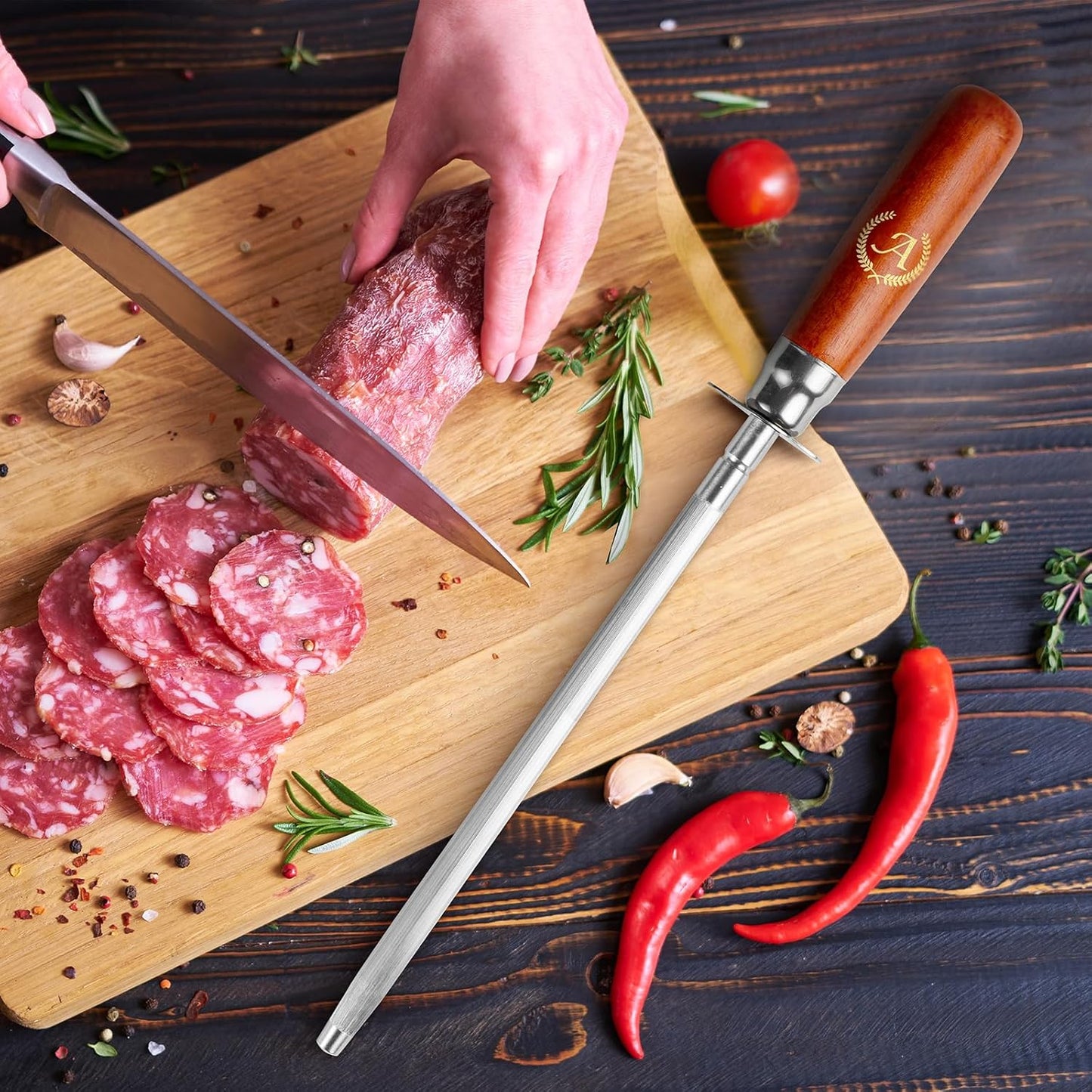 Knife Sharpener Rod, Kitchen Knives Sharpener Carbon Steel Professional Knife Sharpening Steel, Honing Rod with Hanging Holes (13 inches), A