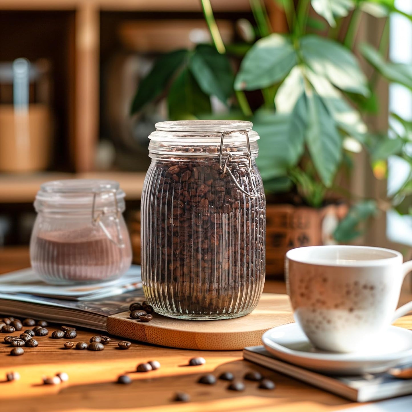 ComSaf Airtight Glass jar with lid 37oz Set of 3, Glass Storage Containers with Lids, Glass Canisters, Striped Clip Fastening Jar for Kitchen Canning, Tea, Pasta, Sugar, Beans, Cookie, Jam, Oat
