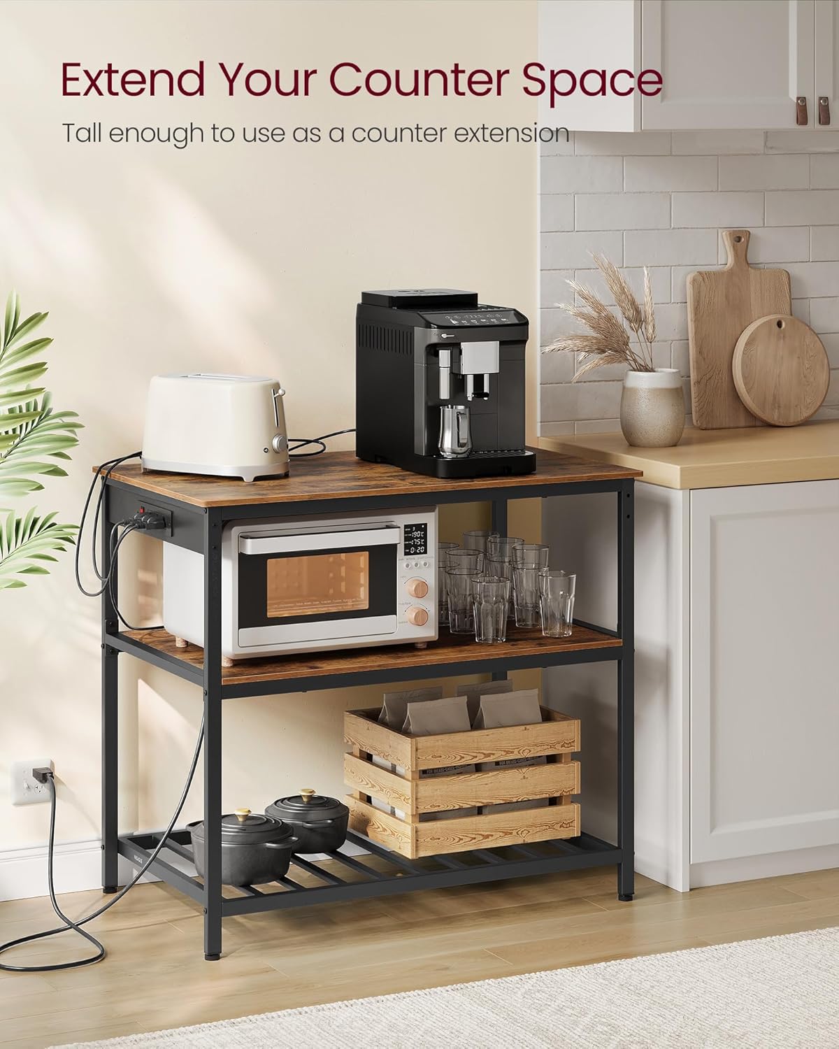 VASAGLE Kitchen Island with 3 Shelves, 39.4 Inches Width Kitchen Shelf with Power Strip, Large Worktop, Stable Steel Structure, Industrial, Easy to Assemble, Rustic Brown and Black UKKI105K01