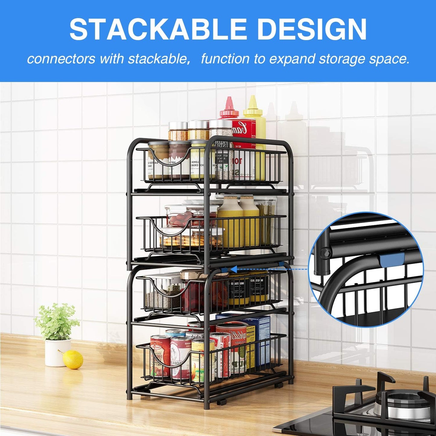 AIYAKA Pull-out Cabinet Organizer, Stackable 2-tier Under Sink Rack, with Sliding Storage Drawer for Pantry, and Desktop, for Bathroom, Kitchen, Office, Black