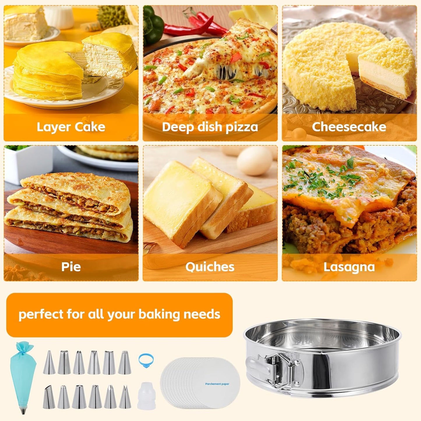 Aufind Springform Pan Set for Baking (4,7,9,10inches), 304 Stainless Steel Springform Cake Pan with Removable Bottom, Cheesecake Pan with 50PCS Parchment Paper for Pie Cake Pizza and Quiches