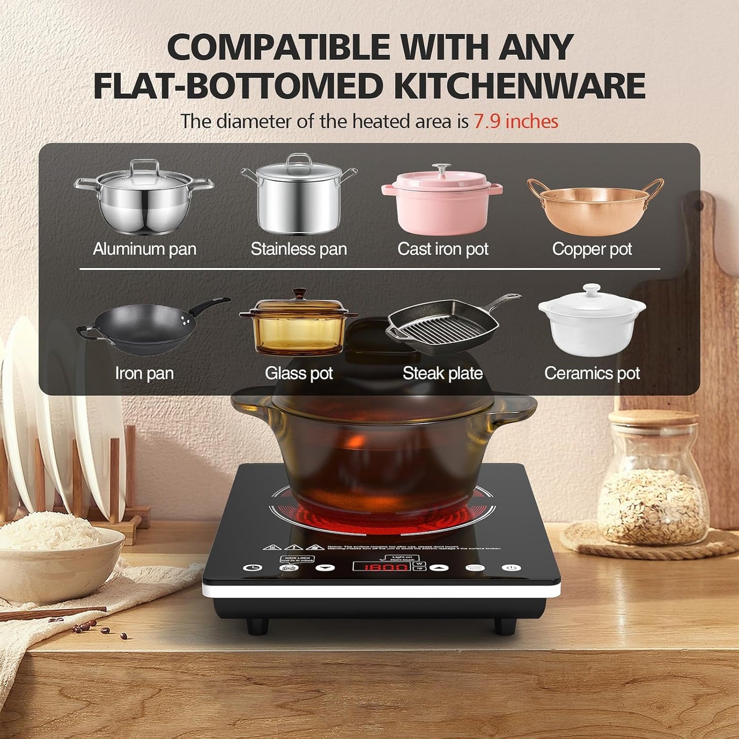 Single Burner Electric Cooktop 1800W - 110V Electric Stove Top Burner Portable Stove with Touch Control 9 Power Level - Induction Cooktop with Child Safety Lock Timer for Home Camping