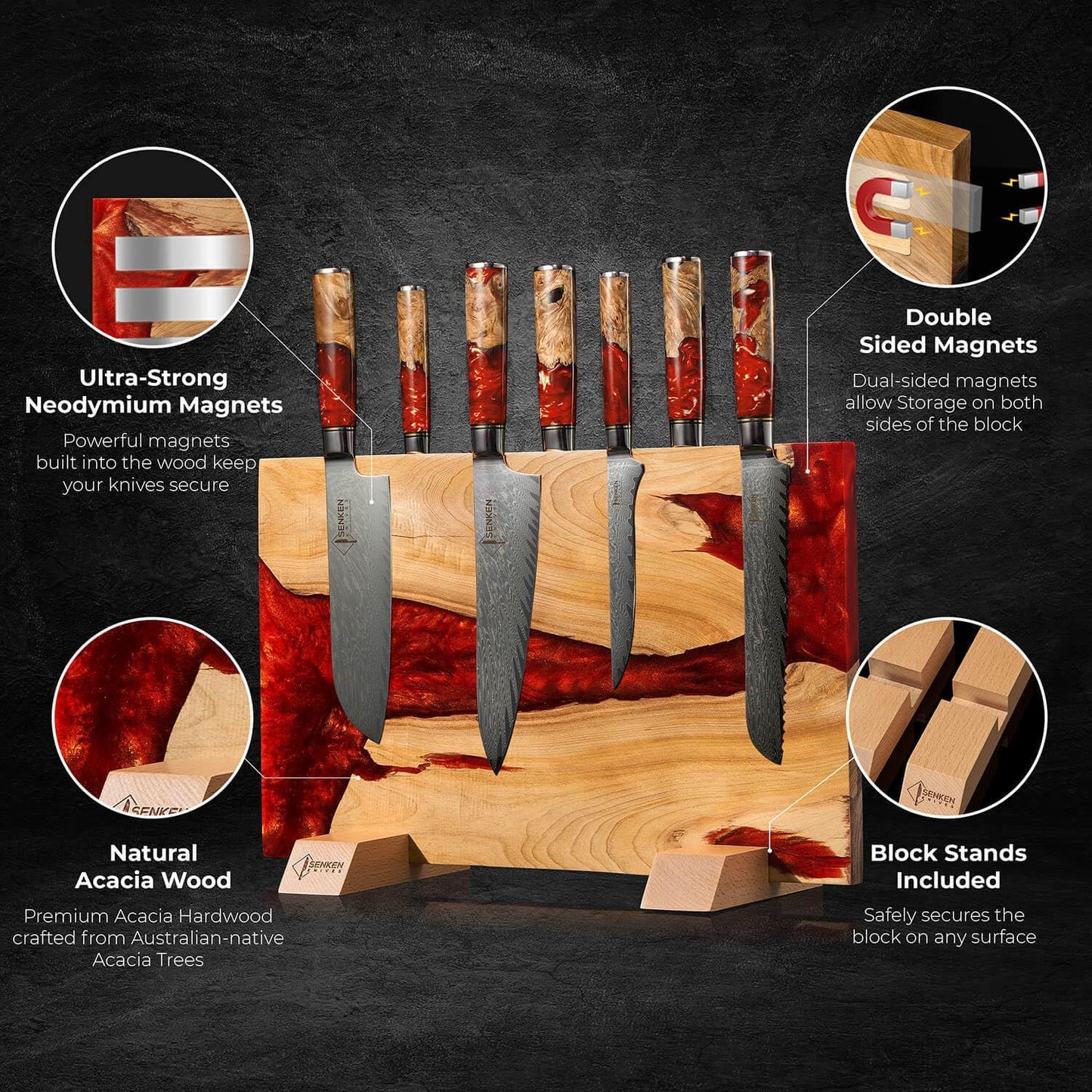 SENKEN "Red Tsunami" Extra Large Magnetic Knife Block - Holds Up to 16 Knives - Knife Block without Knives, Universal Knife Holder, Beautiful Red Resin & Natural Wood Blend ("Crimson" Red Resin Blend)