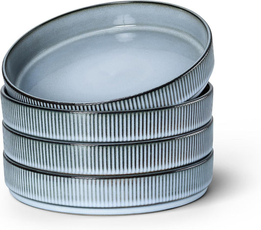 E-far Pasta Bowls Set of 4, 35oz Large Salad Bowl Plate for Dinner Serving Soup, Wide & Shallow Ceramic Stoneware Pasta Plates, Microwave & Dishwasher Safe, Reactive Glaze Textured Stripes, Dusty Blue