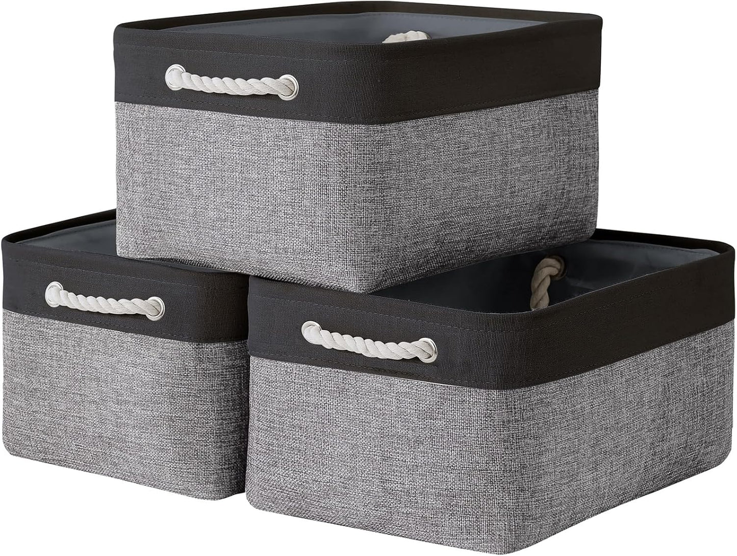 TheWarmHome Collapsible Storage Bin for Shelves - 16x12x8 inch Large 3 Pack Storage Basket for Organizing with Rope, Fabric Storage Cubes for Organizer Toy Cloth Gift Closet (Black & Grey)