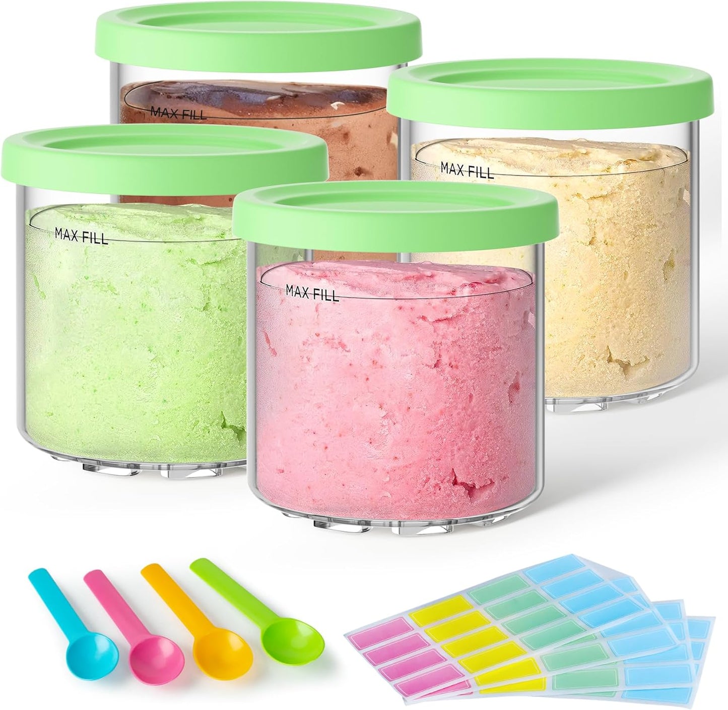 4 Pack Creami Pint Containers and Lids for Ninja with 4 spoons and writable labels, Compatible with Ninja NC299 NC300 NC301 Series Creami Maker Machine Accessories, BPA Free & Dishwasher Safe, Green