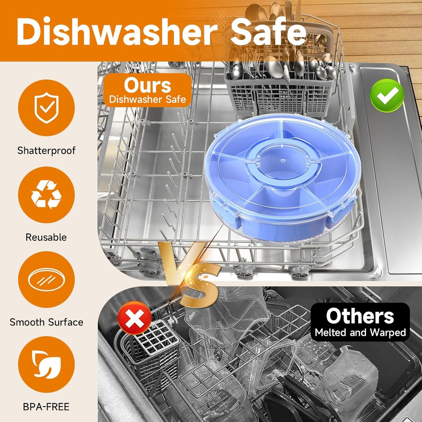 Round Divided Serving Tray with Lid, Rotating Snack Container, Dishwasher Safe Food Organizer for Fruits, Candy, Nuts, Vegetables