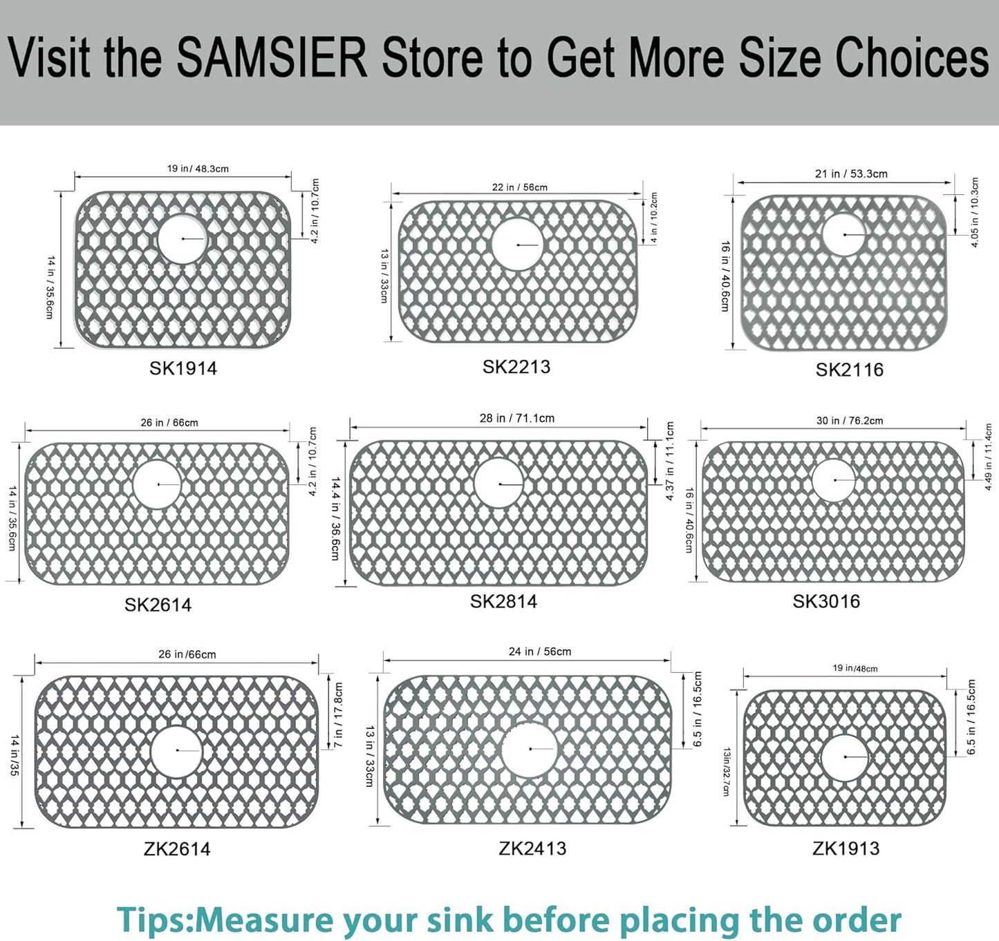 Sink Protectors for Kitchen Sink 19x14 & 21x16 & 22x13 & 26x14 & 28x14.4 & 30x16, Large Silicone Sink Mats Grid for Bottom of Farmhouse Stainless Steel Sink (22”x13”, Rear Drain)