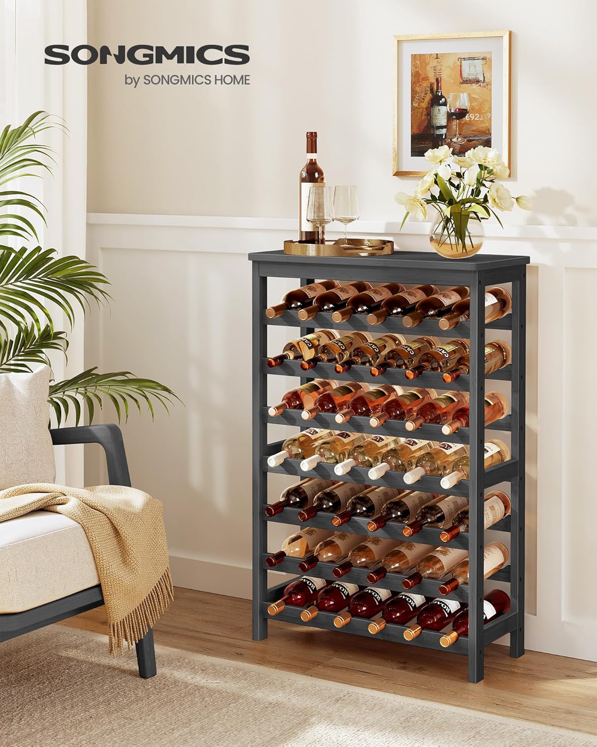 SONGMICS 42-Bottle Wine Rack Free Standing Floor, 7-Tier Display Wine Storage Shelves with Table Top, Bamboo Wobble-Free Bottle Holder for Kitchen Bar Dining Room Living Room, Ink Black UKWR027B16
