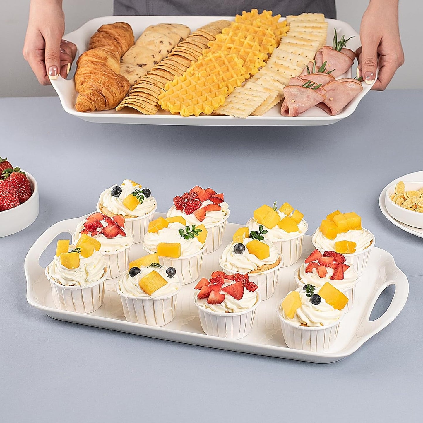 Serving Tray with Handles, 16"x 9.5" Large Serving Platter, White Porcelain Platters for Serving Food, Serving Platters and Trays for Parties, Entertaining, Dessert, Fruit, Turkey, 3-Pack, Rectangle