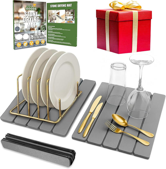 Large Foldable Stone Dish Drying Mat – Diatomaceous Earth, 12"x16" Each or 24"x16" Combined – Fast Dry, Anti-Slip Pad, Sanding Tool & Instruction Manual for Kitchen, Bathroom or RV (2-Pack)