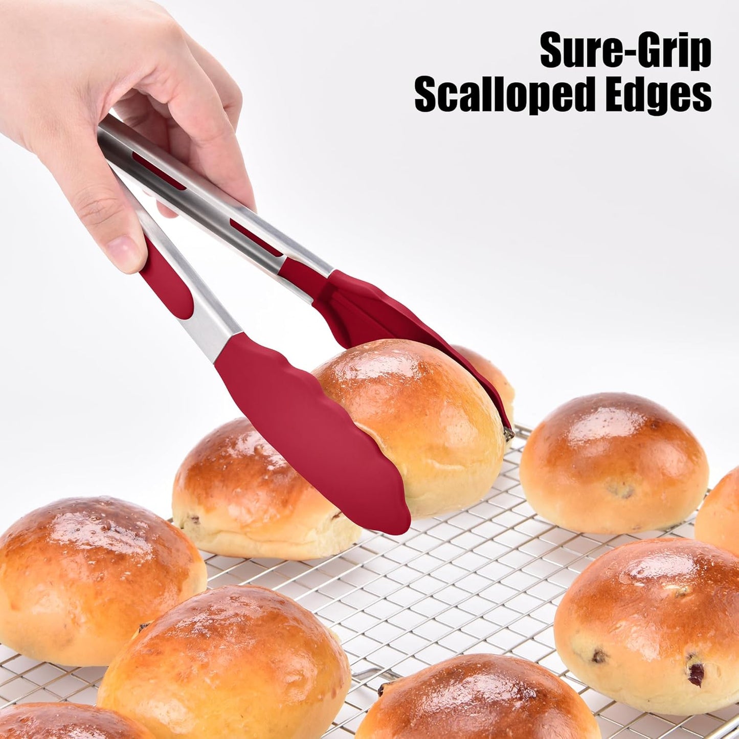 Doosu Kitchen Tongs for Cooking - 600°F Heat Resistant Food Tong with Non-Scratch Silicone Tips, Heavy Duty Stainless Steel Locking Tong for BBQ, Grilling Steak, Serving Salad, Pasta (9in, Red)