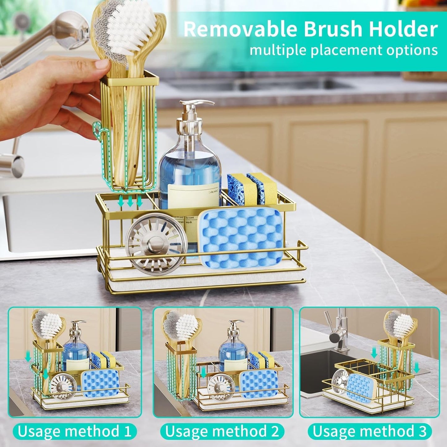 HapiRm Sink Caddy Sponge Holder - Kitchen Sink Organizer with Instant Drying Stone and Brush Holder, Stainless Steel Sponge Caddy for Kitchen Countertop - Gold