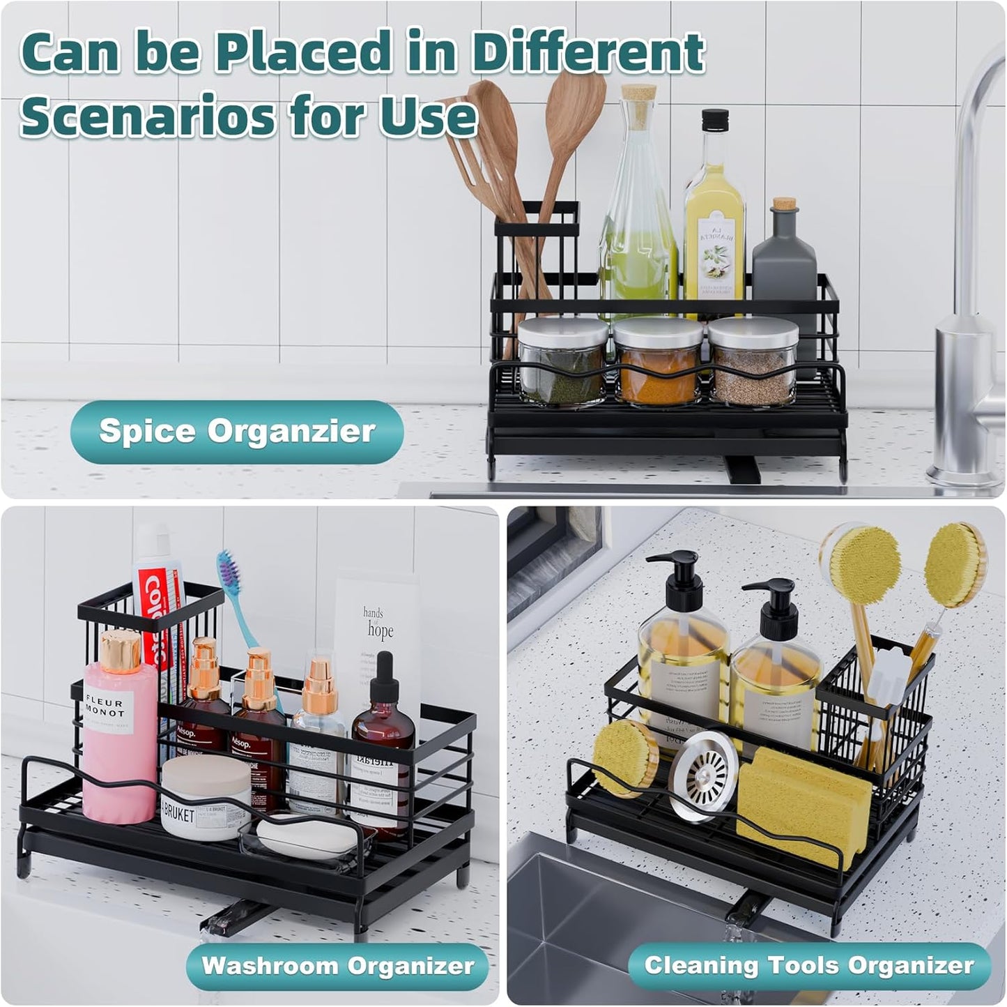 Large Sponge Holder for Kitchen, Kitchen Sink Caddy with High Brush Holder & Quick Drain Tray, 360° Swivel Spout, Stainless SteelSoap Dispenser Countertop Organizer for Sponges, Brushes & Soap