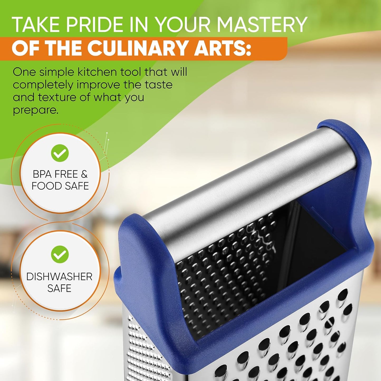 Spring Chef Stainless Steel XL Parmesan Cheese Grater with Handle - 4 Sided Metal Box Grater for Kitchen - Dishwasher Safe Potato Shredder for Hash Browns, Potato, Carrot, Vegetables - Sapphire