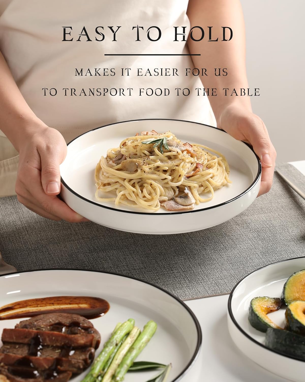 Sweejar Porcelain Dinnerware Sets for 6, 18 Pieces Ceramic Plates and Bowls Set, Classic Modern Simple Kitchen Dinner Dining Ware Set, Dishwasher and Microwave Safe Dishes Sets(Pure White-Black Rim)