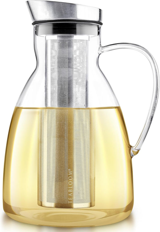 Teabloom Extra-Large Multi-Brew Borosilicate Glass Teapot + Kettle + Pitcher (85 OZ / 2.5 L / 10 CUPS) – Brew and Serve Hot Tea, Iced Tea, Cold Brew Tea and Fruit Infused Water – Solstice Tea Maker