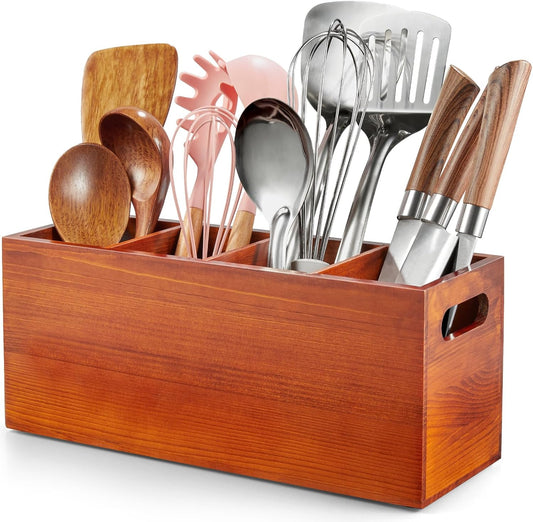 ALELION Large Utensil Holder with Removable Divider - 4 Compartment Wooden Utensil Caddy Organizer for Kitchen Counter - Brown Cooking Utensil Crock for Countertop