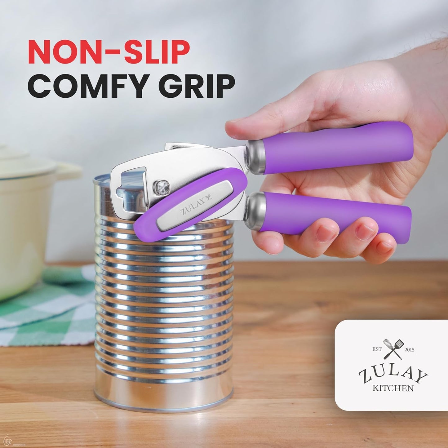 Zulay Kitchen Heavy Duty Stainless Steel Can Opener Manual with Bottle Opener - Rust Proof Manual Can Opener With Turn Knob & Comfy Soft Grip Handles - Purple