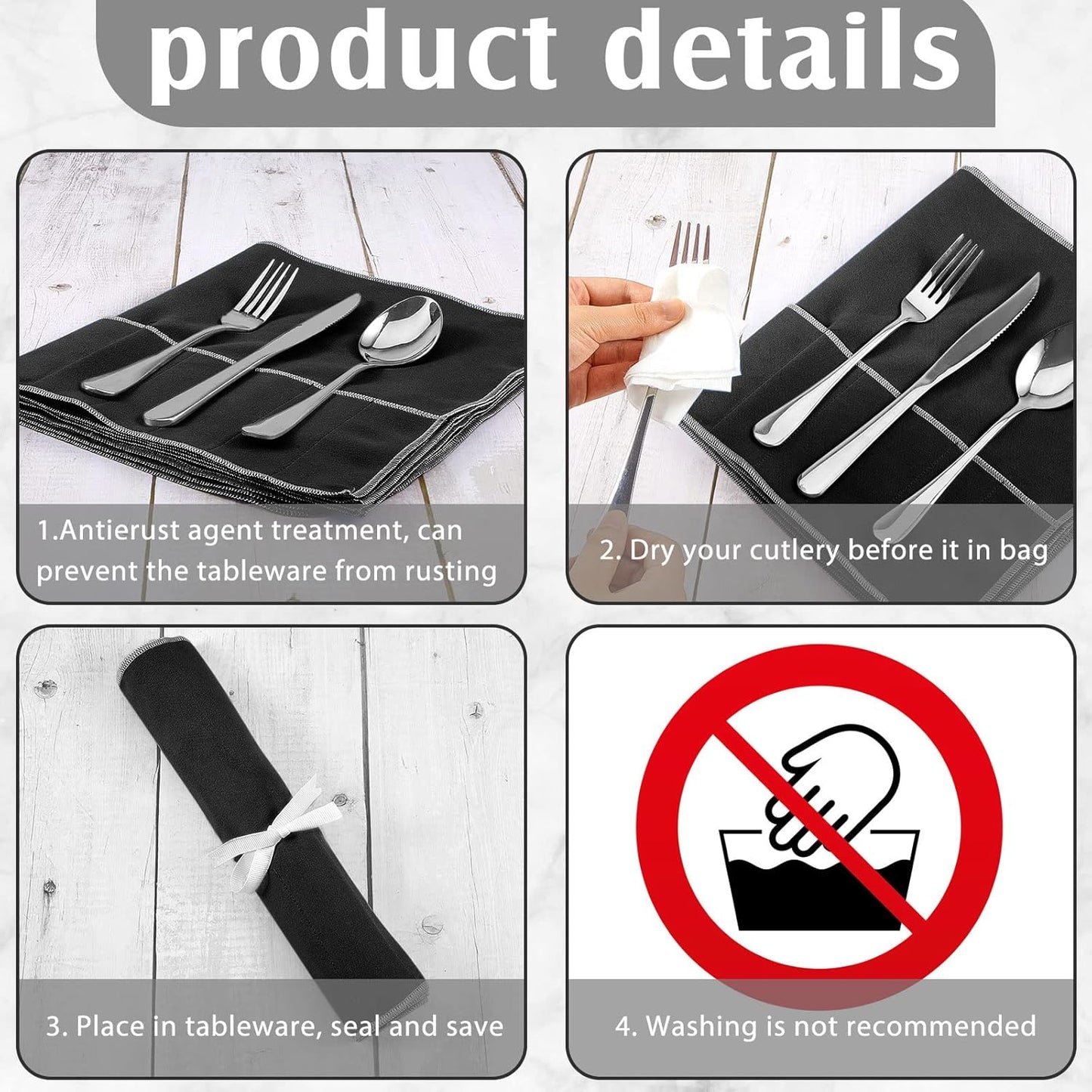 Hillban 6 Pcs Anti Tarnish Silver Storage Bags Silver Storage Cloth Felt Flatware Organizer Anti Tarnish Protector Bags Place Setting Roll with White Ribbon for Kitchen Cutlery Utensils (Black)