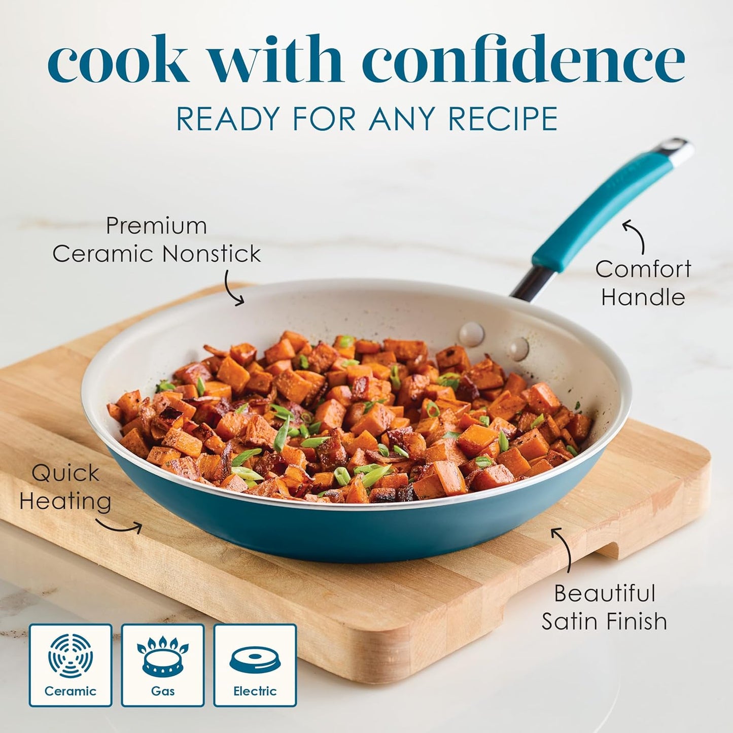 Rachael Ray Cucina Ceramic Nonstick Frying Pan/Skillet, 12.5 Inch Non Stick Open Fry Pan, Dishwasher Safe - Marine Blue