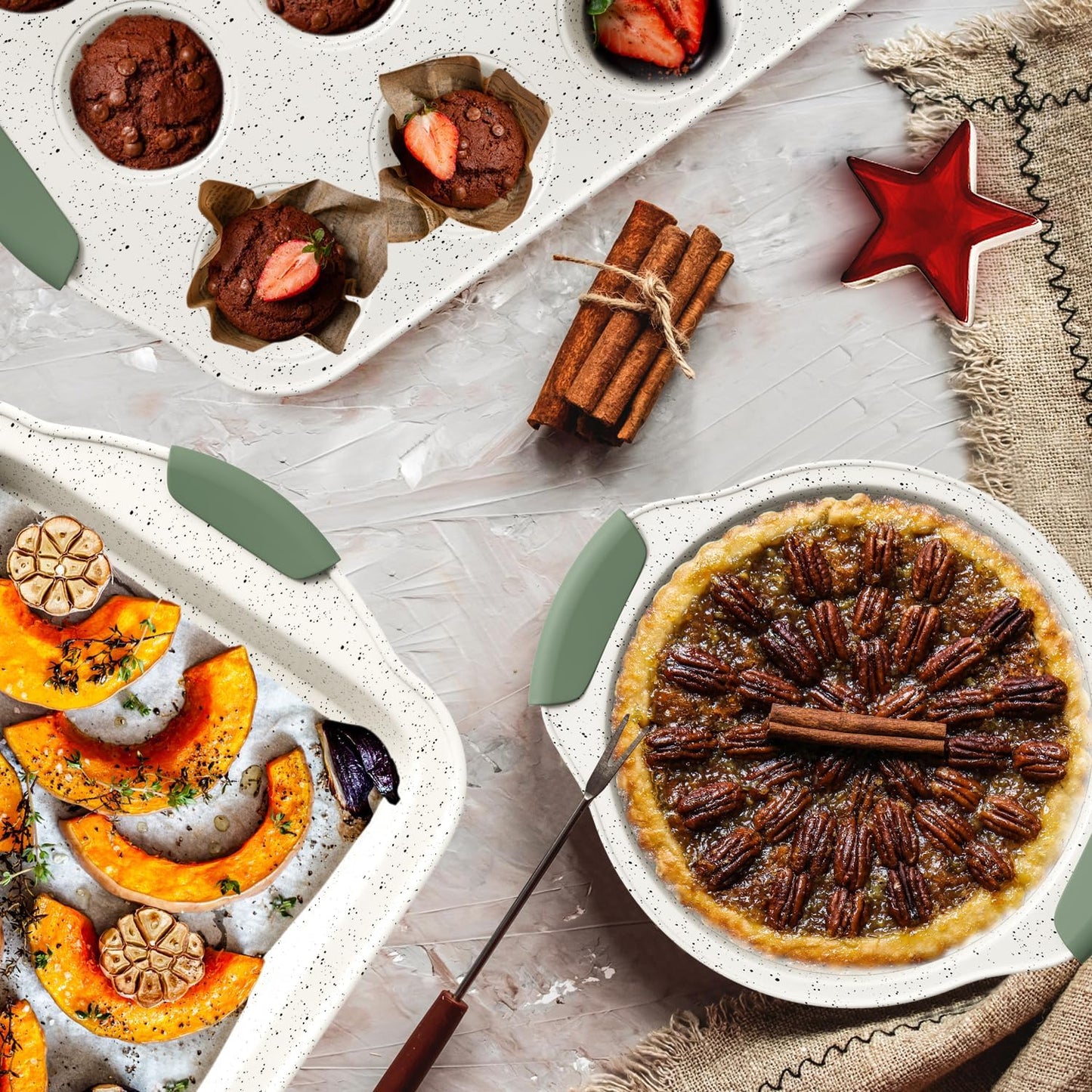 11-Piece Non-Toxic Baking Set, Stackable Nonstick Cookware with Heat-Resistant Handles - Includes Cookie Tray, Round Cake Pan, Muffin Cups, Pizza Pan & Loaf Baker, White&Light Green