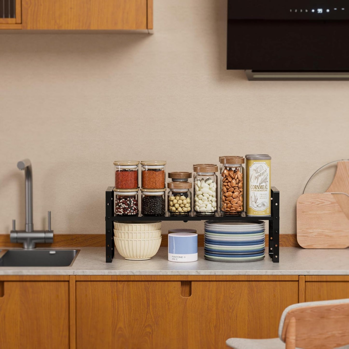 Expandable Shoe Rack Stackable Metal Pantry Storage Shelves Stand Adjustable Height Cabinet Shelf Organizer Racks Spice Shelving(3PACKS/BLACK,LARGE)