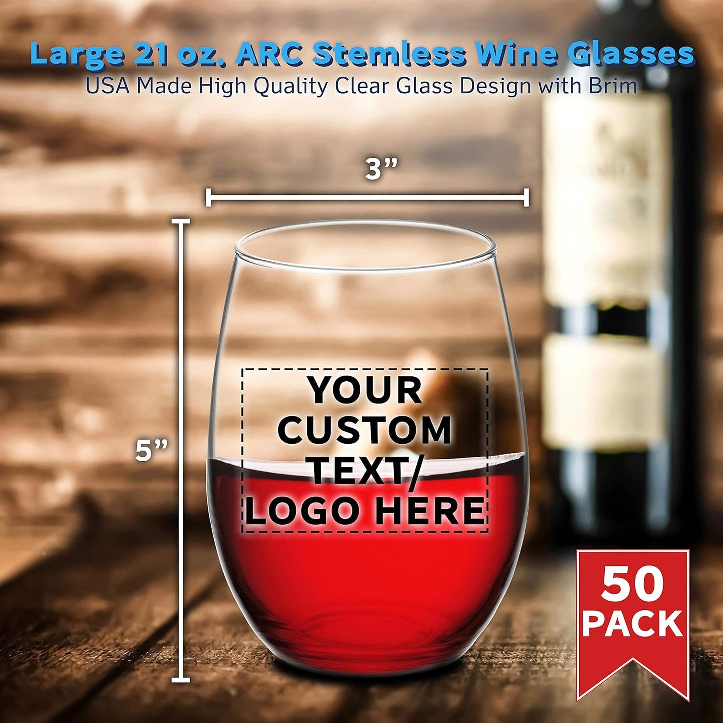 DISCOUNT PROMOS 50 ARC Stemless Wine Glasses Set, 21 oz. - Customizable Text, Logo - Chardonnay, Cabernet, Merlot, Sauvignon - Clear