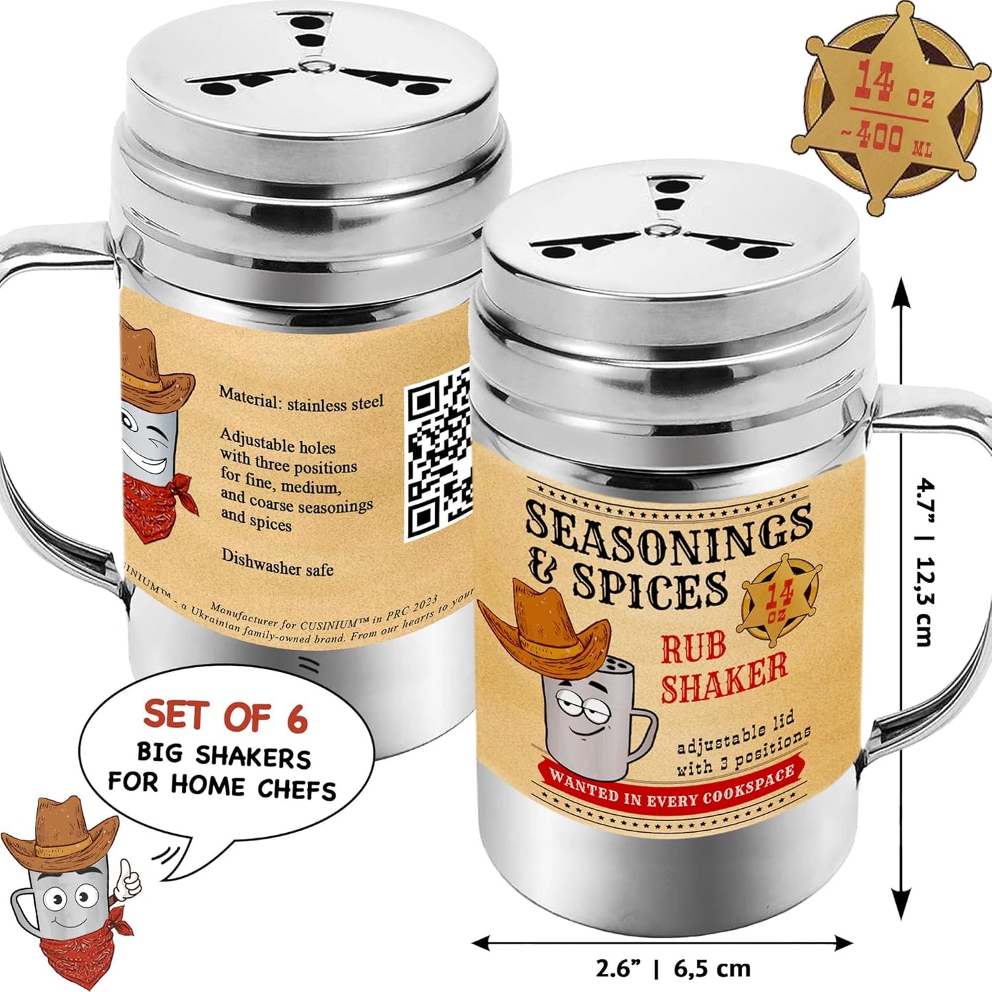 CUSINIUM [Pack of 6] 14 oz Seasonings Spice Shakers - BBQ Dry Rub Shakers - Cooking Dredge with Adjustable Fan-Style Lid and Handles