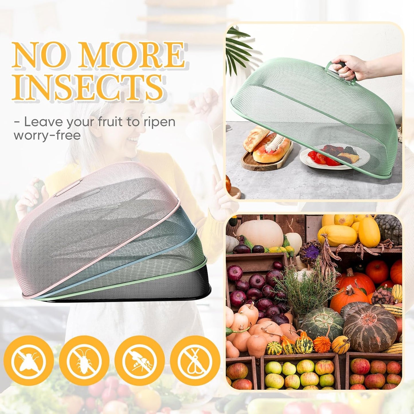 Hicarer 4 Pcs Metal Mesh Screen Food Cover for Outdoors Set Large 18.5 Inch Mesh Food Tents for Outdoor Mesh Food Covers Picnic Food Covers for Indoor Plate (Black, Blue, Green, Pink)