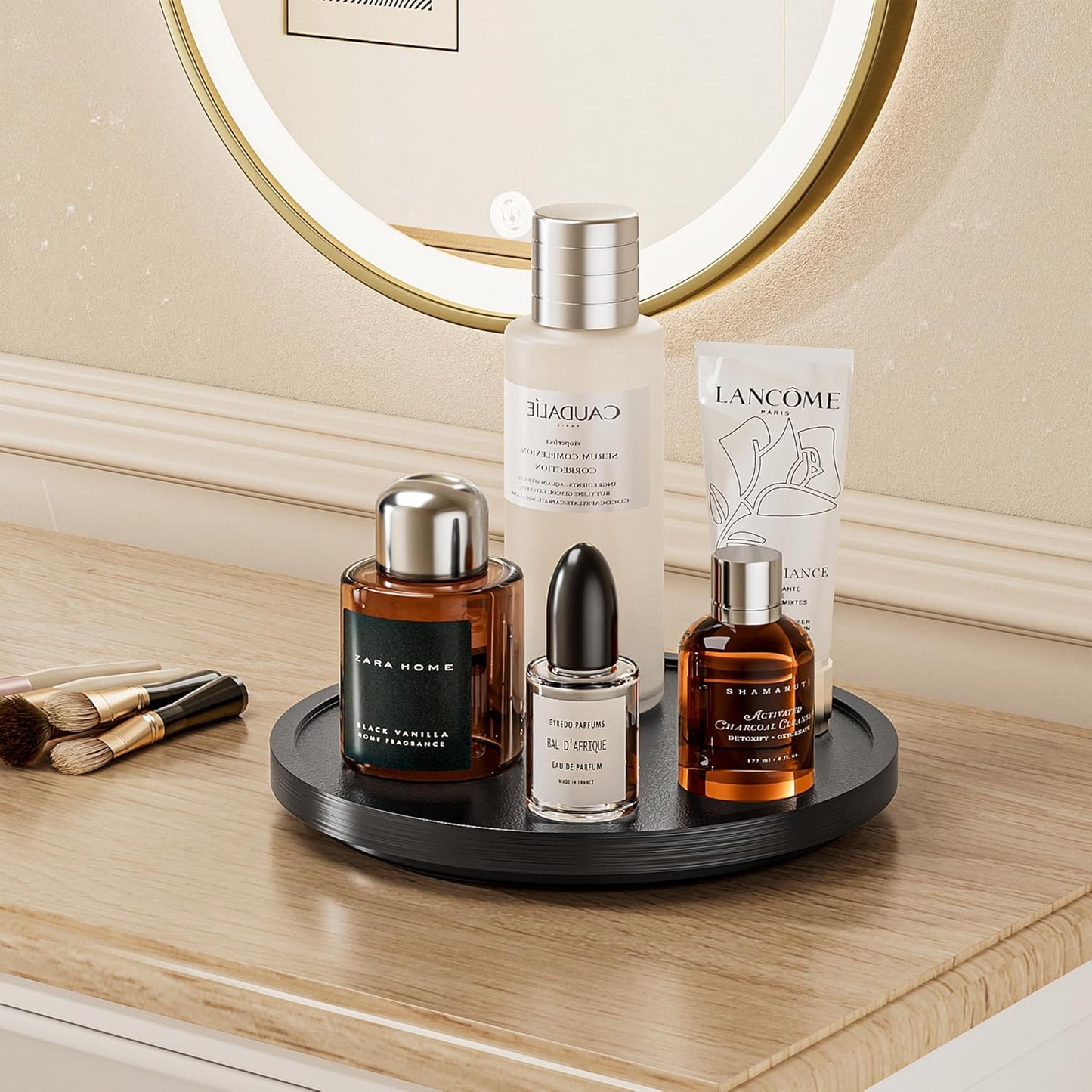 LAMU 10'' Wood Lazy Susan Organizer Turntable for Cabinet, Lazy Susan for Table Top, Pantry, Kitchen, Bathroom, Countertop, Rotating Spice Organizer, Vanity Decor Tray, Pine Wood, Black