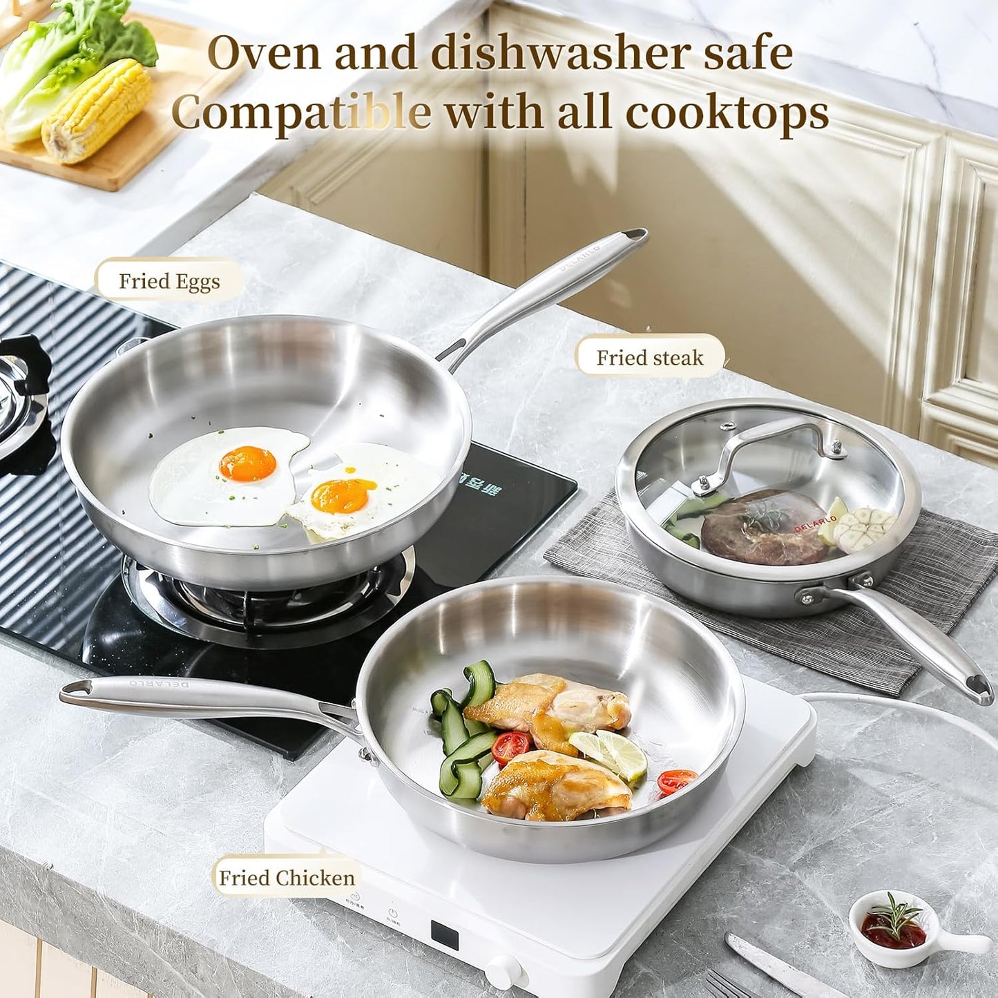 DELARLO Tri-ply Stainless Steel Frying Pan Set with Lid 10"12" Induction large Skillets Chef's Pan,Pots and Pans Set Kitchen Cookware Set Suitable for All Stove
