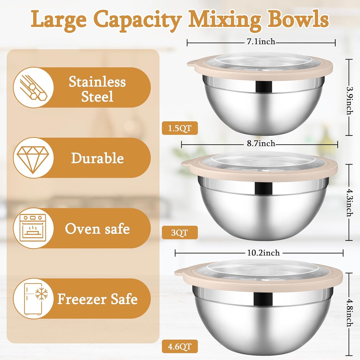 LIANYU Mixing Bowls with Visible Airtight Lids, 3Pcs Stainless Steel Large Metal Nesting Kitchen Bowls Set, 4.6 & 3 & 1.5QT Size Ideal for Mixing, Baking, Serving, Dishwasher & Freezer Safe, Khaki