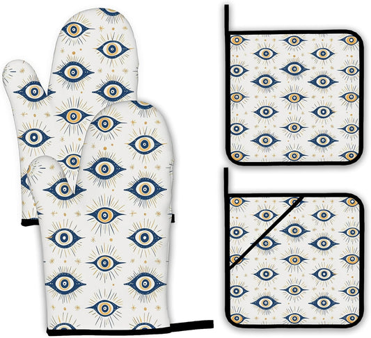 Evil Eyes Oven Mitts and Pot Holders,Heat Resistant Oven Mitts Gloves and Pot Holder for Home Kitchen Decorations Cooking Baking BBQ Gifts,Set of 4