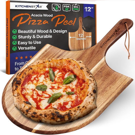 KitchenStar 12-Inch Acacia Wood Pizza Peel – Wooden Cutting & Serving Board with Handle & Hanging Loop – Natural Oil Finish – Ideal Pizza Oven Accessory for Easy Sliding & Prep